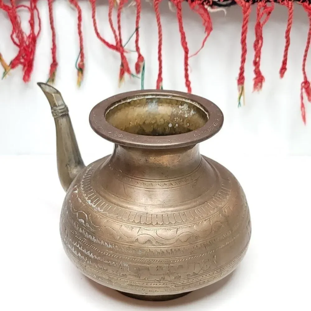 VINTAGE Copper Handmade Tea Pot Carved Design And Spout Kettle